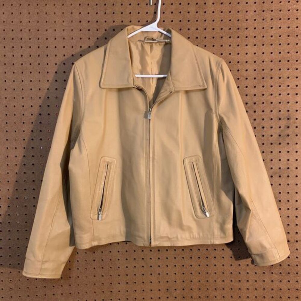 VTG Tan Leather Jacket Blazer 90s Y2K Newport‎ News Minimal Full Zip Retro Sz 14